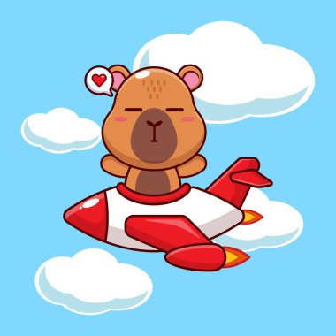 Tatlı Capybara maskotu. Çizgi film karakteri çizimi. Uçak jetinde gezinti.