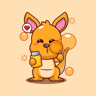 Şirin kanguru kabarcıkları üflüyor. Çizgi film vektör çizimi.