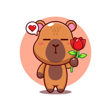 Gül çiçeği karikatür çizimi tutan şirin Capybara