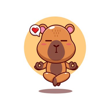 Tatlı Capybara meditasyon yoga çizgi filmi vektör çizimi yapıyor.