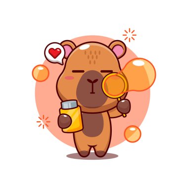 Şirin Capybara kabarcıklar üflüyor vektör çizimi