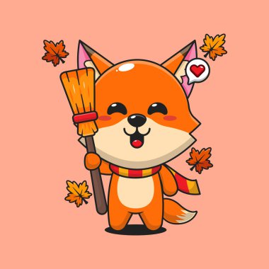 Sonbahar günü süpürge tutan şirin tilki çizgi film vektör çizimi