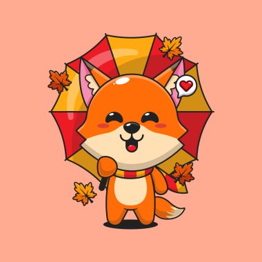 Sonbahar günü şemsiye tutan şirin tilki çizgi film vektör çizimi