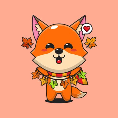 Sonbahar günündeki güz yaprağı dekorasyonunu elinde tutan şirin tilki çizgi film çizimi.