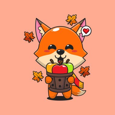 Sonbahar günü karikatür çizimlerinde, tahta kovada elma tutan şirin tilki.