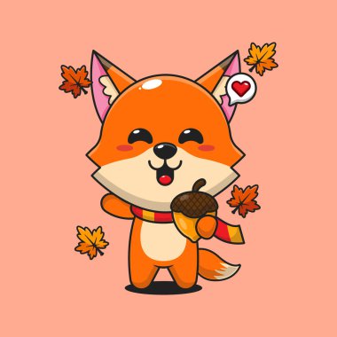 Sonbahar mevsiminde meşe palamudu olan şirin tilki sonbahar günü çizgi film çizimi.