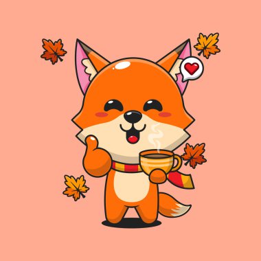 Sonbahar günü elinde bir fincan kahve tutan şirin tilki çizgi film çizimi.