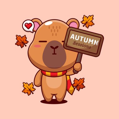 Sonbahar günü çizgi film çizimi için elinde sonbahar tabelası tutan sevimli Capybara.