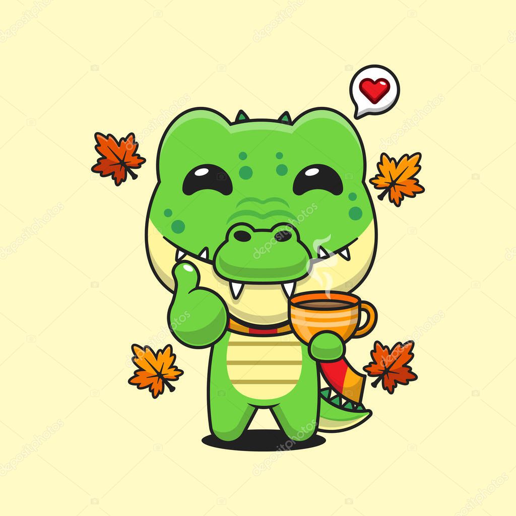 Cute crocodile holding holding a cup of coffee in autumn day cartoon vector illustration