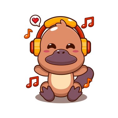 Kulaklıklı, çizgi film vektör illüstrasyonlu şirin ornitorenkler müzik dinliyor.