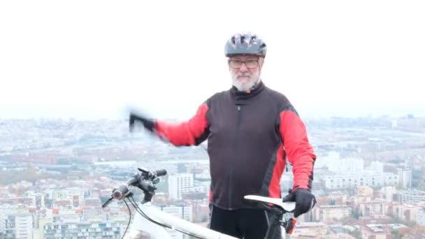 Retired Man Dressed Cyclist Helmet His Bicycle High Space Overlooking — Stock Video