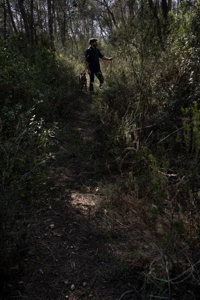 stock image landscape of very thick Mediterranean forest, in the centre, in the area where it is lightening, the silhouette of a man and his dog, a man with a hat and warm clothes.