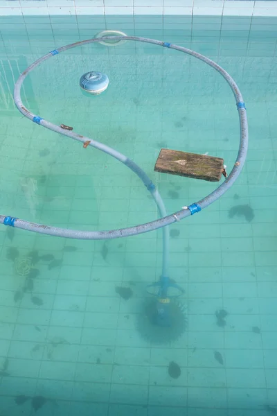Blue water of swimming pool in winter, robot and chlorine float. Piece of wood to avoid breakage by conjellation in possible frosts. Soil dirty with leaves