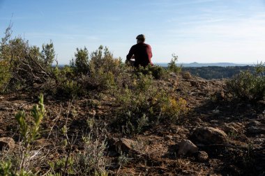 Taştaki küçük çalılar, aleagalar, biberiye ve kekik manzarası, ufuktaki adam manzaraya bakıyor ve gün batımını yansıtıyor..