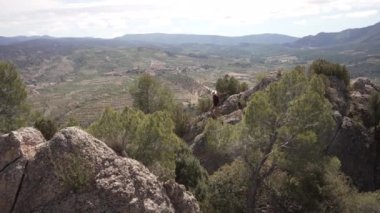 Geniş manzaralı yüksek kayalık araziler, Montsant, Tarragona 'daki ekili tarlaların ve ormanların manzarasını izledikten sonra kayadan inen bir adamın videosu..