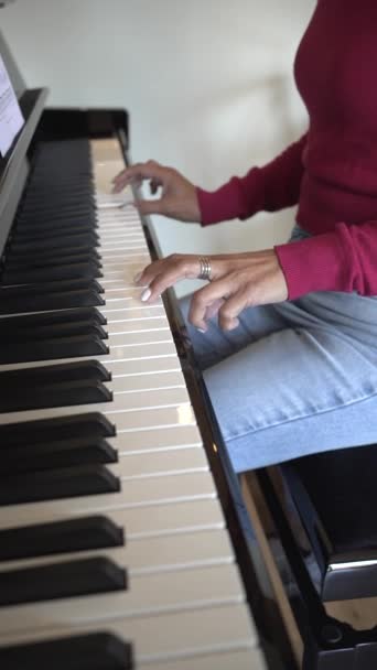女人的手 用白色的瓷钉弹钢琴 不能辨认的女人坐在凳子上 穿着一件紫红色的套头毛衣 在乐器上练习 — 图库视频影像