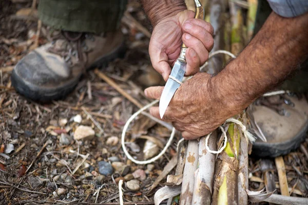手の詳細糸をナイフで切り葦のグループを結ぶ 田舎で天気の良い老人の毛深い茶色の腕 ハロウィーンのために働くことができる不吉なイメージ — ストック写真