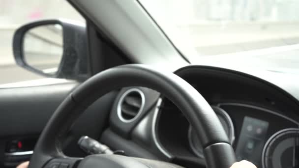 老人の手運転の詳細ハンドルを握り休日に運転する手 — ストック動画