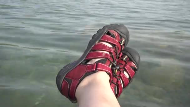 Feet River Slippers Walk Slipping Stones Video Nature Water Landscape — Stockvideo