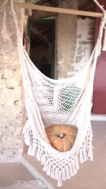 Pumpkin Swinging Macrame Swing Rustic Interior Stone Wall Fireplace Wooden — Stock Video