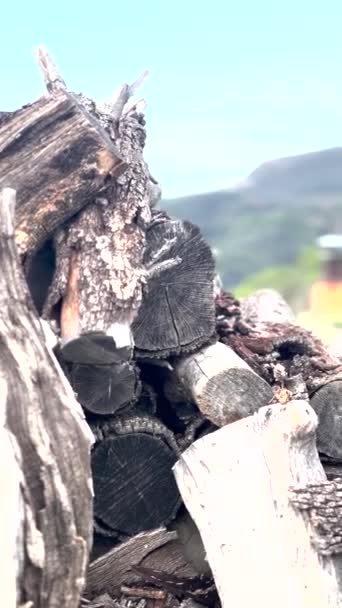 開放的な空気の中に置かれた薪の山 背景には煙突 冬のイメージ 燃料と火で寒い田舎のイメージ — ストック動画
