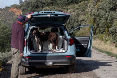 Adamın biri 4x4 'lük bir arabanın bagajını açıyor. Bir köpek yürüyüşten sonra içeri giriyor ve ona bakıyor. Yolculuğa devam etmek için kapıyı kapatmasını bekliyor..