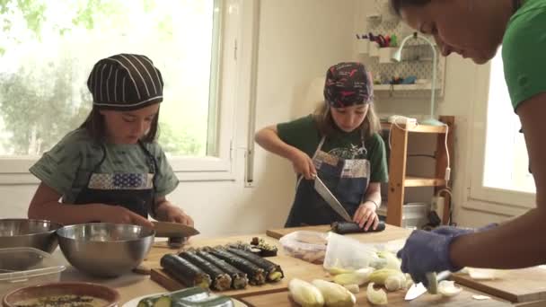 Dziewięcioletnie Bliźniaczki Robiące Wegetariańskie Sushi Noszące Fartuchy Kapelusze Kucharskie Koncentrujące — Wideo stockowe