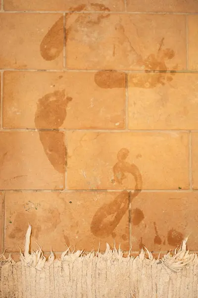 米色浴室地毯的细节和乡村瓷砖上湿湿的脚印 解释了一个人为什么会从浴室出来 图库照片