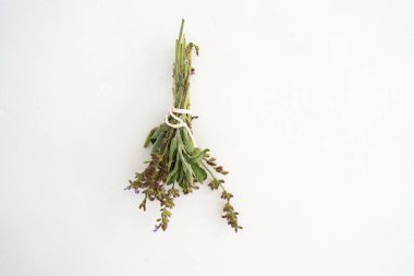 Kurutulmuş bir çiçekle beyaz bir duvara baş aşağı asılmış bir bilge dalının yatay fotoğrafı.