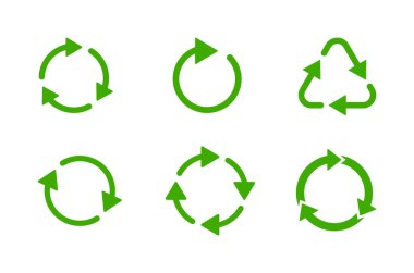 Geri dönüşüm işareti kuruldu. yeşil semboller beyaz arkaplanda izole edilmiş simge