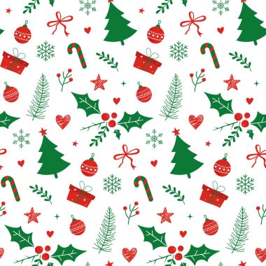 Noel ağacı, kırmızı ve yeşil renkte Noel süsü, kışın pürüzsüz deseni