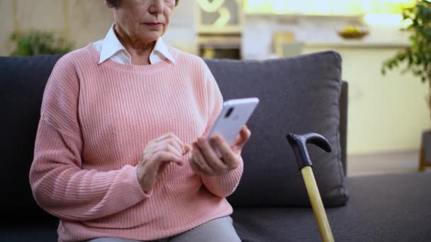 Una Anciana Una Abuela Suéter Sienta Casa Sofá Sostiene Teléfono — Vídeo de stock