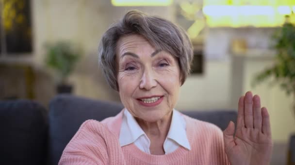 Una Anciana Una Abuela Frota Comunica Por Skype Acerca Video — Vídeo de stock
