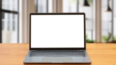 Ofiste ya da ortak çalışma alanında dizüstü bilgisayar, ekranda beyaz ve bulanık arkaplan ve çalışma alanı kavramına sahip dizüstü bilgisayar.