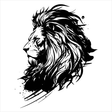 Aslan. Sketchy, grafiksel, siyah beyaz bir aslan başı portresi beyaz arka planda