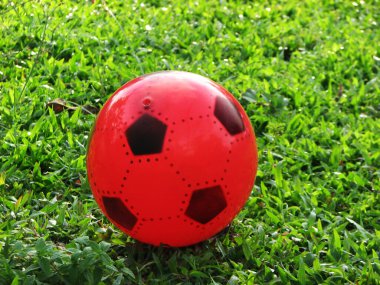 Kırmızı futbol topu çimlerin üzerine düştü..