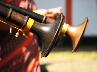 Nagaswaram 'a yakın, geleneksel bir Güney Hindistan müzik enstrümanı..