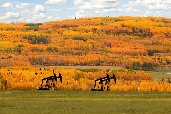 Oil pump on the agricultural field in bright yellow and orange autumn. Colourful trees and blue cloudy sky are on the background.
