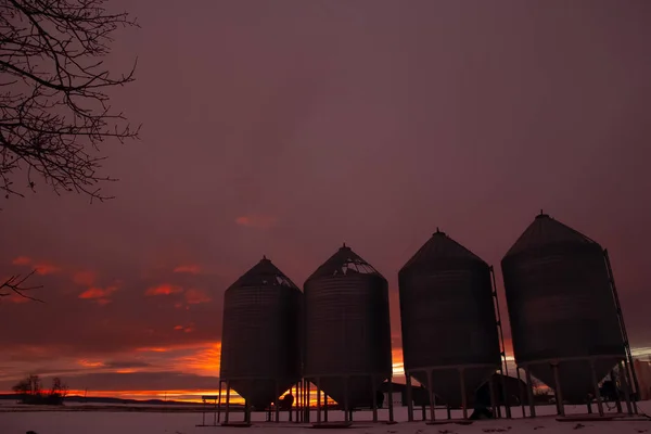 Granaries or grain bins and beautiful porple and orange sunset on the background in prairies.