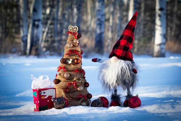 Gnome Fait Main Arbre Noël Décoloré Rustique Dans Forêt Sur — Photo
