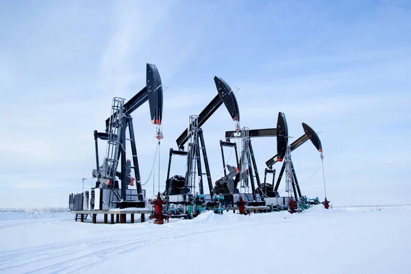 Winter snowy field in prairies and black pump jacks pumping oil.