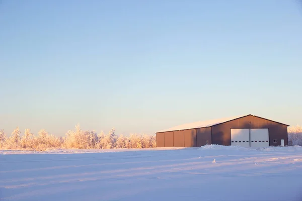 Warehouse in the farm near the field and the forest covered with snow in morning light.