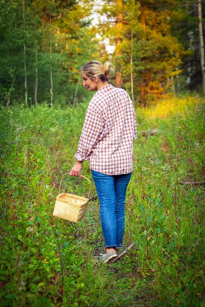청바지와 와이커 바구니와 플레이드 셔츠를 여자는 나무와 트레일에서 버섯을 — 스톡 사진