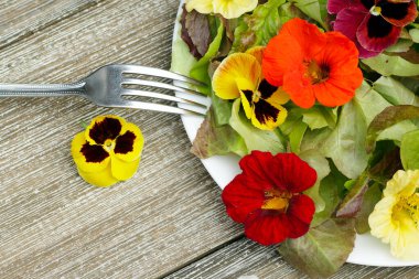 Tabağın üst tarafındaki tabağın görülebilen çiçekli salata (nasturtium, nonoş) ve ahşap masa üzerinde çatallı marul..
