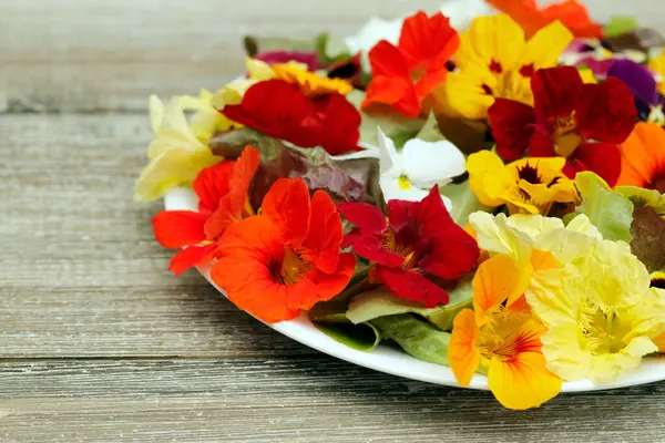 Ahşap bahçe masasında güzel sağlıklı marul salatası ve renkli yenilebilir çiçekler (nasturtium, calendula ve nonoş)..