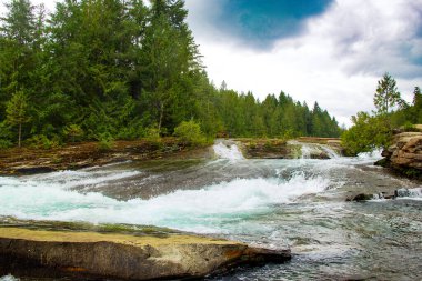 Şelale çağlayanı, ormandaki kayalık nehirde mavi sularla, yaz bulutlu bir günde çam ve çalıların arasında. Nymph düştü doğa parkı, British Columbia, Kanada.