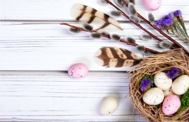 Düz Paskalya kompozisyonu bir yuva ve yumurta, söğüt dalları, stativ çiçekleri, beyaz ahşap arka planda tüyler.