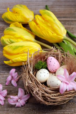 Paskalya çiçekleri, yuva ve benekli yumurtalar, yosun, pembe sümbül çiçekleri ve kahverengi ahşap masanın üzerinde büyük sarı laleler barındırır..