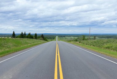 Çayırlarda iki katı sarı çizgileri olan otoban boyunca yeşil çimenler ve ağaçlar, yukarıda mavi bulutlu gökyüzü.