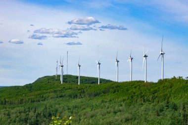 Rüzgâr türbinlerinin oluşturduğu sıra, yaz mevsiminde yeşil ağaçlar ve mavi gökyüzü arasında dağda sürdürülebilir enerji üretir..